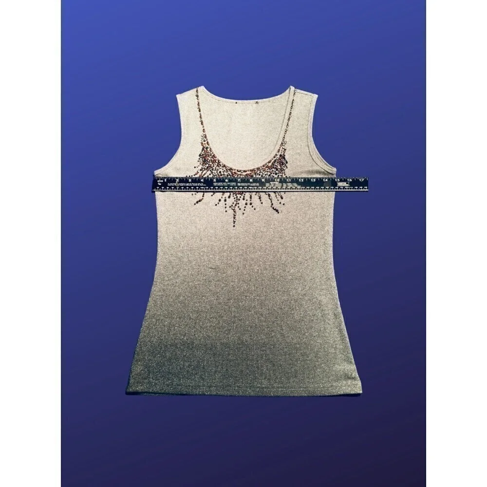 JON Tank Top, Beaded Metallic Sparkle Scoop Neck Shell, SILVER, Size Small, EUC